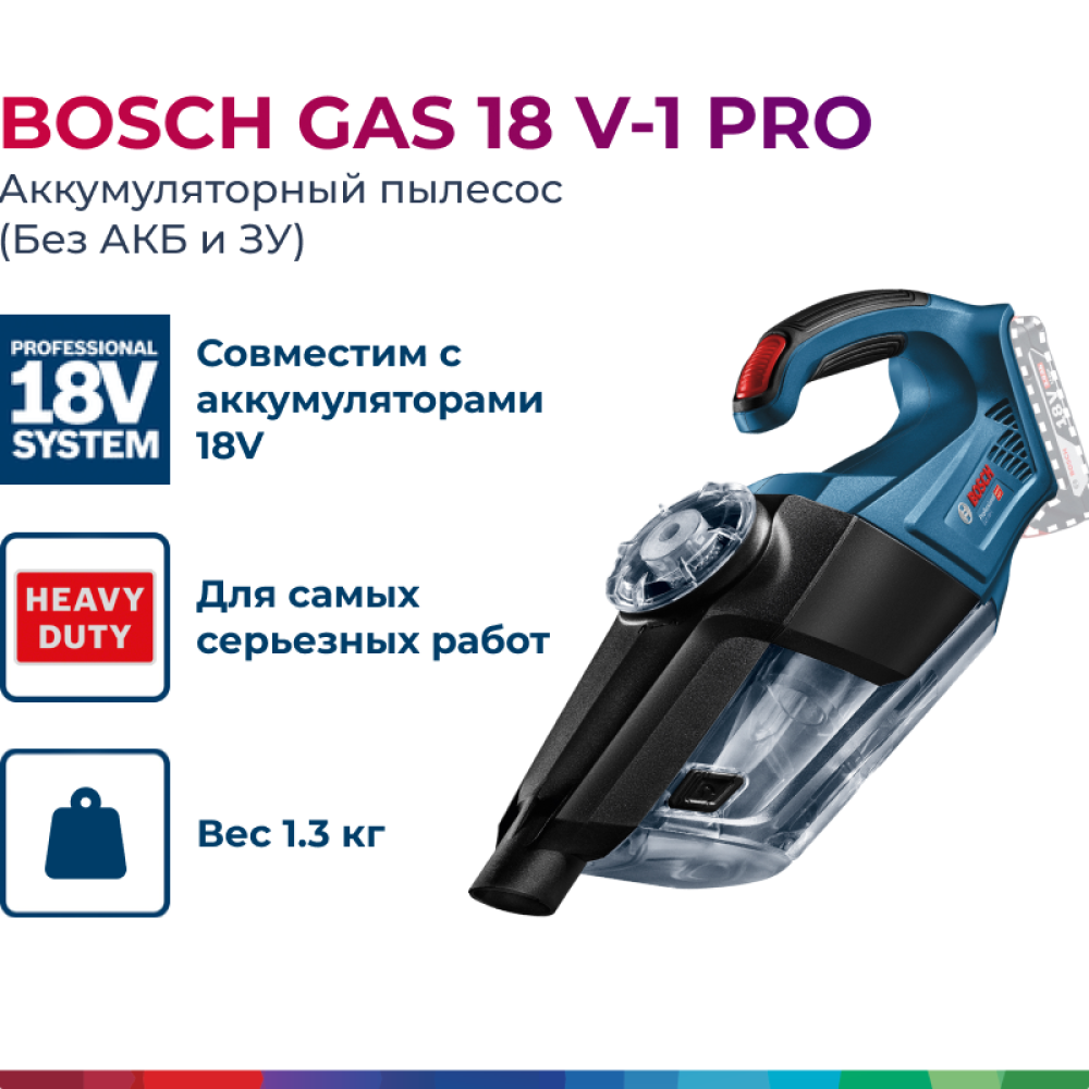 Bosch GAS 18 V-1 Professional Solo аккумуляторный пылесос (без АКБ и ЗУ), 06019C6200