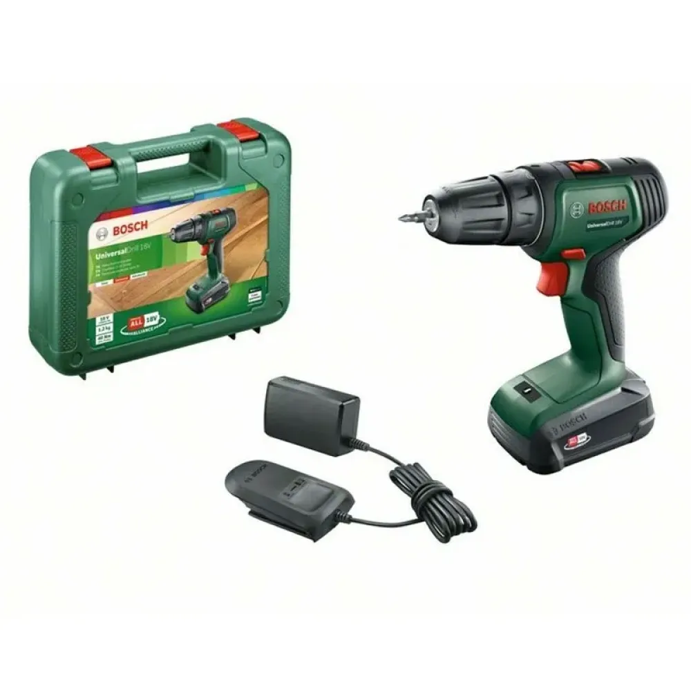 Bosch UniversalDrill 18V аккумуляторная дрель-шуруповерт (1 x 1.5 Ач, ЗУ) с кейсом, 06039D4001